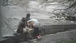 Horny girl watching passionate couple plumbing hard in public