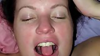 Wife takes a mouthful of cum before guzzling