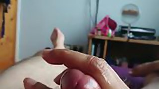 Asian wife wanking and playing with my lubed cock