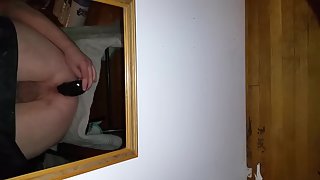 Playing with my meaty dark-hued fuck stick in the mirror, at home alone playing